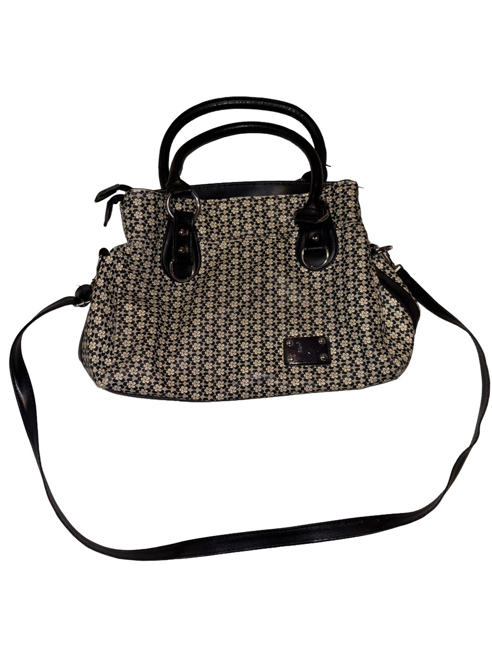 Black & Cream Patterned Satchel with Dual Handles and Crossbody Strap